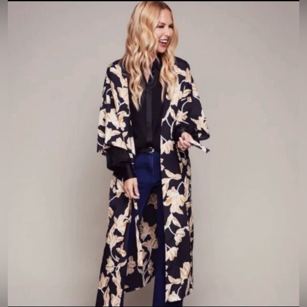 Maison du Soir Floral Kimono Robe Topper Sz S/M Black & Gold Open with Belt